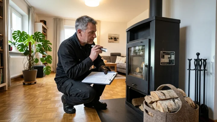 Moderner Kaminofen im Wohnzimmer mit brennendem Holzfeuer