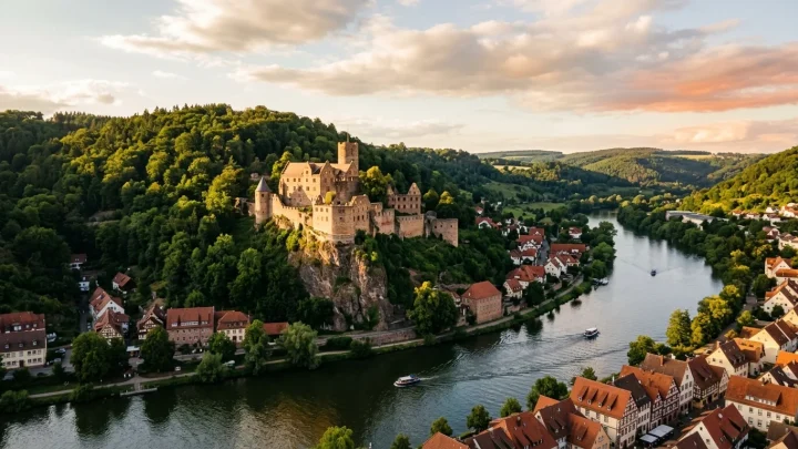 Die majestätische Ruine der Burg Wertheim bei Sonnenuntergang, die über dem Zusammenfluss von Main und Tauber thront.