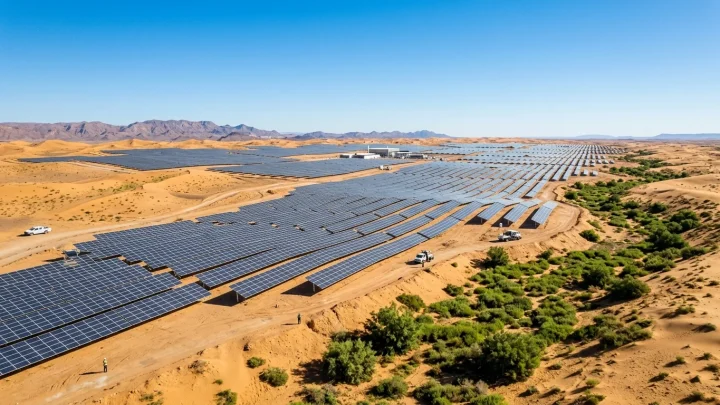 Großflächige Solarmodule in einer Wüstenlandschaft