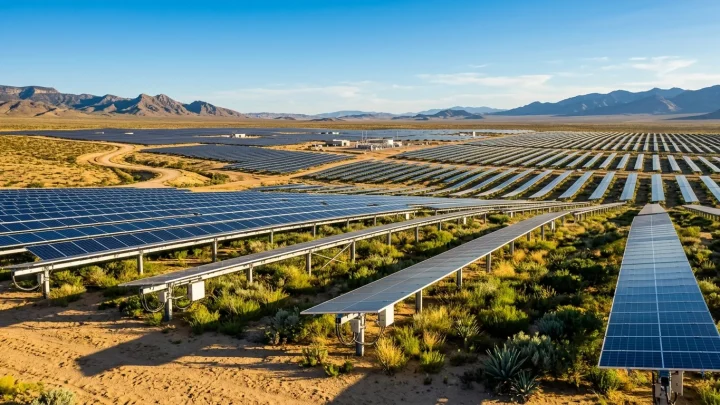 Großflächige Solarmodule in einer trockenen Wüstenregion.
