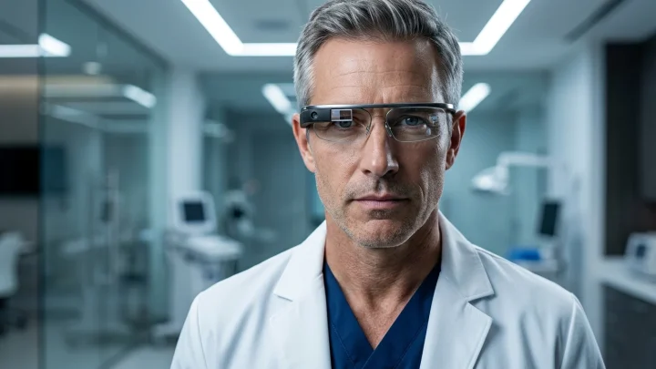 Nahaufnahme einer modernen Datenbrille mit integrierter Kamera auf einem Tisch.