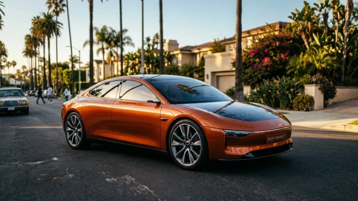 Das Solar-E-Auto Deep Orange 17 steht in einer hellen Werkstattumgebung.