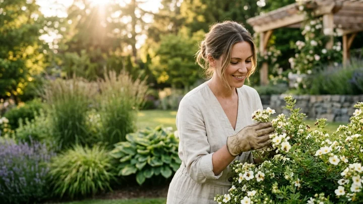 Ein weiß blühender Fingerstrauch in einem Gartenbeet.