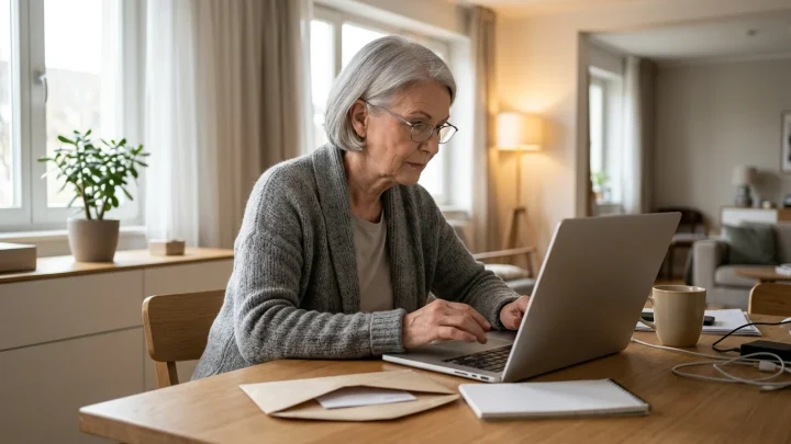 Eine Rentnerin schaut genau auf ihren Laptop.