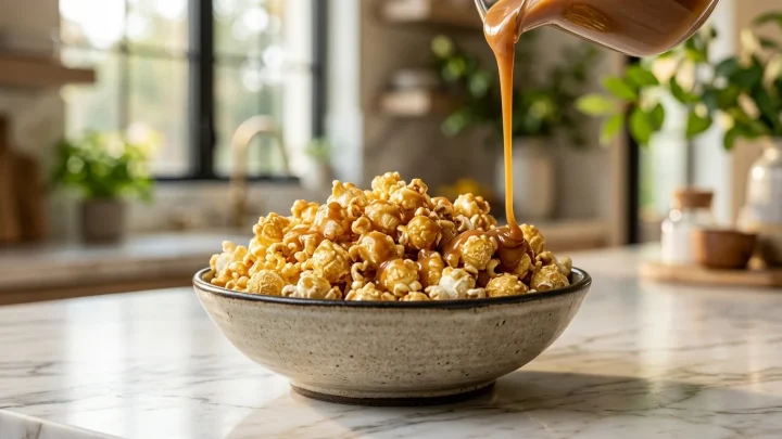 Eine Schüssel mit frisch zubereiteten, karamellisierten Popcorn-Stücken auf einem Küchentisch.