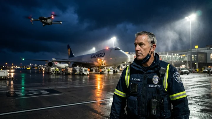 Ein kommerzielles Passagierflugzeug rollt bei Sonnenuntergang auf der Landebahn des Flughafens Leipzig/Halle, während im Hintergrund technisches Überwachungspersonal den Luftraum scannt.