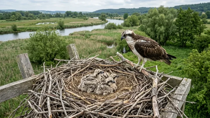 Fischadler fliegt mit einem erbeuteten Fisch in den Fängen über einen See