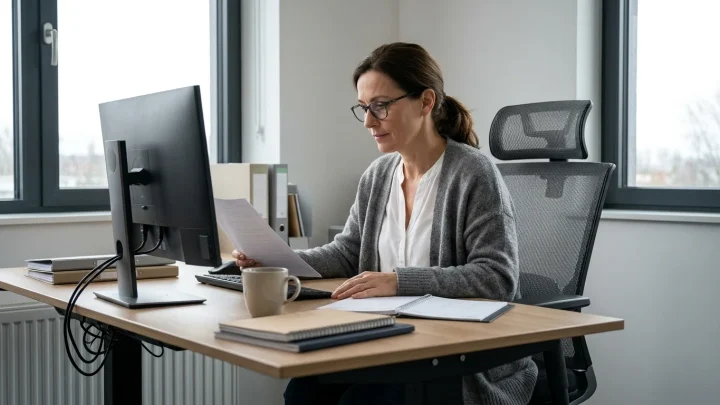 Frau arbeitet an einem Schreibtisch im Büro