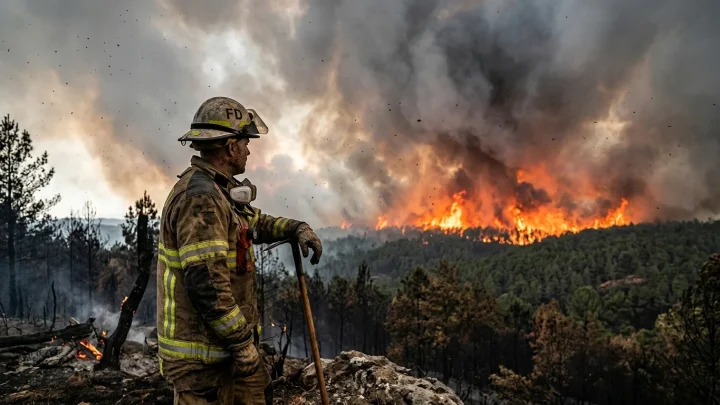 Großflächiger Waldbrand in einer europäischen Region während der Hitzewelle.