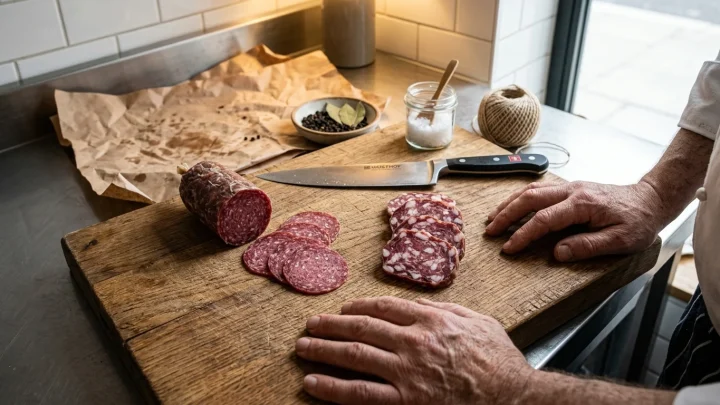 Aufgeschnittene Salami auf einem Tisch