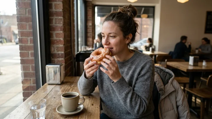 Eine Frau sitzt in einem Café und isst einen Donut.