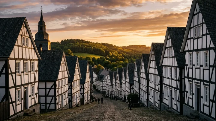 Die historische Altstadt von Freudenberg mit ihren charakteristischen schwarz-weißen Fachwerkhäusern.
