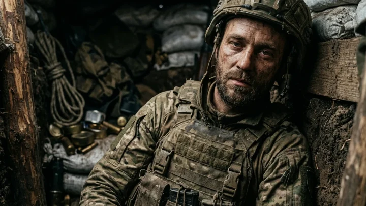 Ukrainische Soldaten in einem zerstörten Unterstand an der Front.