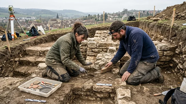 Archäologische Ausgrabung historischer Mauern und Erdschichten