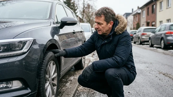Detailaufnahme eines Autoreifens mit eingeprägtem Alpine-Symbol (Bergpiktogramm mit Schneeflocke)