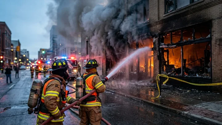 Einsatzkräfte der Feuerwehr Menden bei der Brandbekämpfung an einer Pizzeria