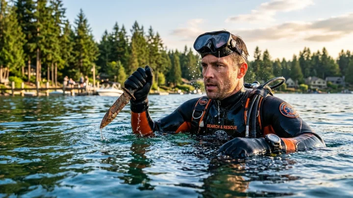 Absperrung am Eichenauer See nach einem gefährlichen Messerfund im Wasser.