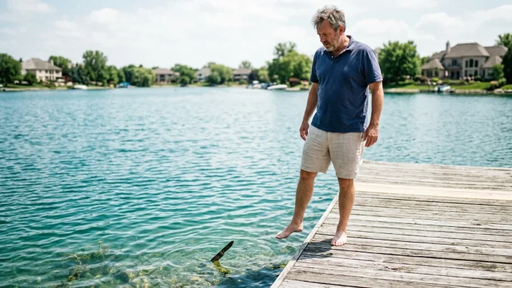 Ein Messer steckt mit der Klinge nach oben im Kies unter Wasser.