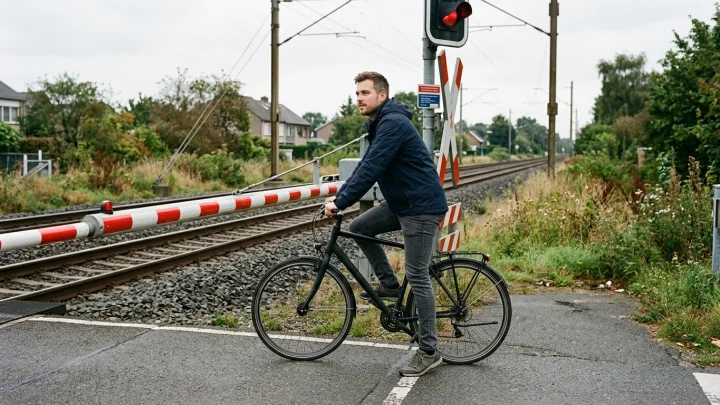 Geschlossene Schranke an einem Bahnübergang mit Andreaskreuz