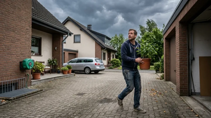 Dunkle Unwetterwolken und Blitze über einer Stadt in Nordrhein-Westfalen