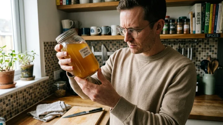 Grizzly Foods Bio Hühnerknochenbrühe im Glas vor Küchenhintergrund mit Warnsymbol