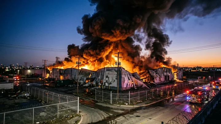 Großflächiger Brand eines Logistikzentrums mit massiver Rauchentwicklung bei Moskau.