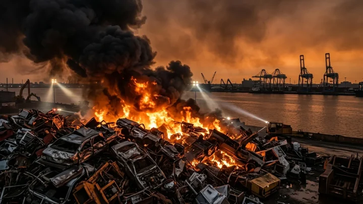 Rauchwolke über dem Duisburger Hafen bei einem Schrottplatzbrand.