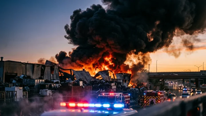 Großbrand einer Lagerhalle direkt neben der Autobahn A61.