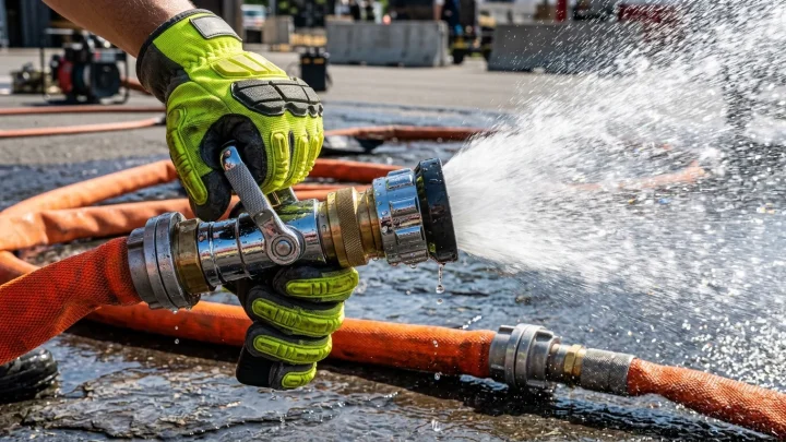 Feuerwehrleute löschen eine brennende Industrie-Lagerhalle mit Drehleitern und Löschschaum
