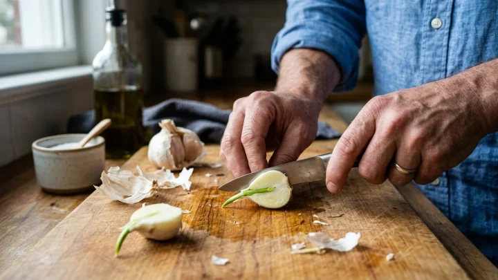 Frische Knoblauchknolle und Zehen auf einer Arbeitsfläche