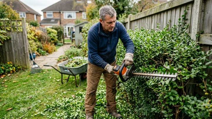 Gärtner schneidet eine dichte Hecke im Garten mit einer Heckenschere bei mildem Herbstwetter