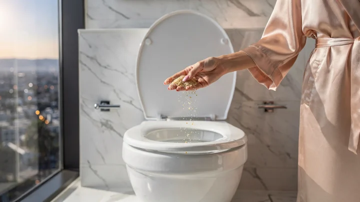 Eine Toilettenschüssel in einem Badezimmer.