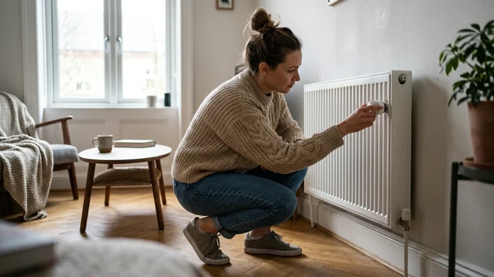 Thermostat an einem Heizkörper wird per Hand eingestellt