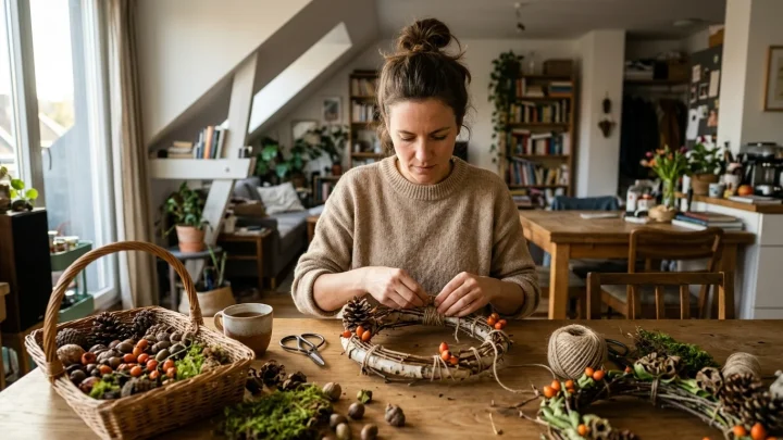 Herbstliche Tischdekoration mit Tannenzapfen, Zierkürbissen, Hagebutten und Kerzen auf rustikalem Holz