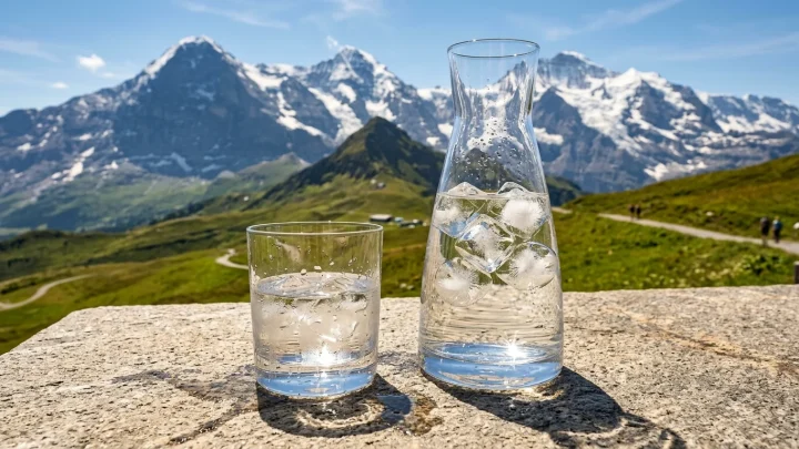 Schmelzende Alpengletscher und trockenes Bergterrain in der Schweiz unter starker Sonneneinstrahlung