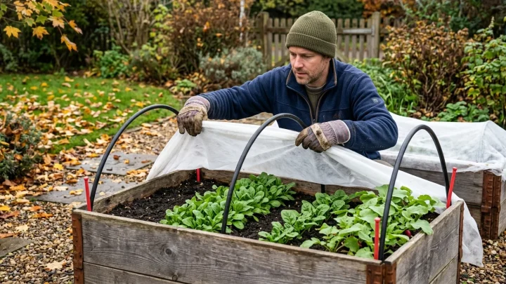 Üppig bepflanztes Hochbeet mit frischem Wintergemüse im goldenen Herbstlicht
