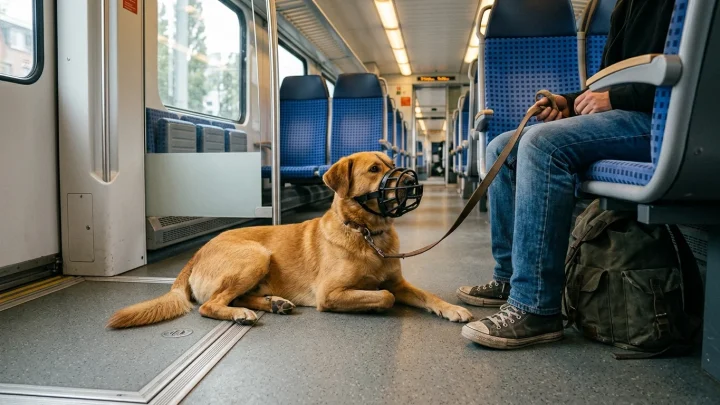 Hund mit Leine und Maulkorb im Zug