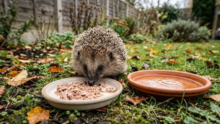 Ein Europäischer Igel frisst Futter aus einer flachen Schale im Garten