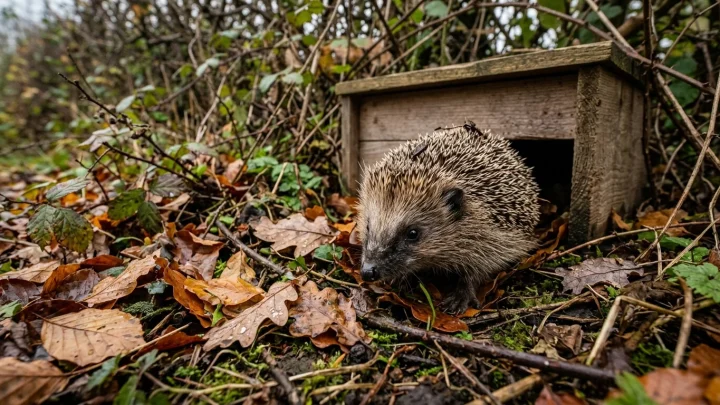 Ein Igel sucht im Herbst unter trockenem Laub im Garten Schutz für den Winterschlaf