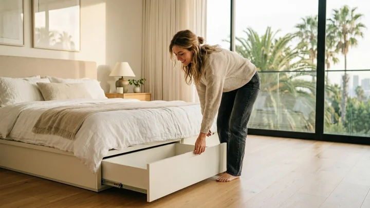 Das Ikea Fågelfjället Bettkasten-Set in Elfenbeinweiß vor einem Bett.