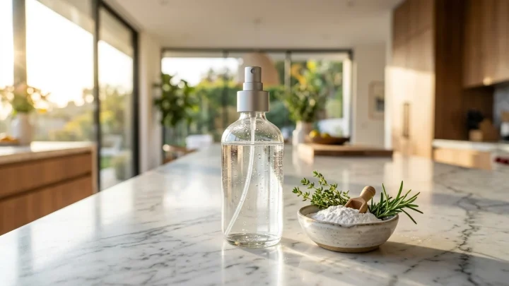 Weiße Essigflasche neben einer Schale mit Essig