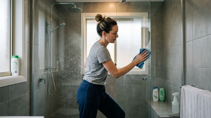 Eine Person putzt milchig gewordenes Glas in einer Dusche.