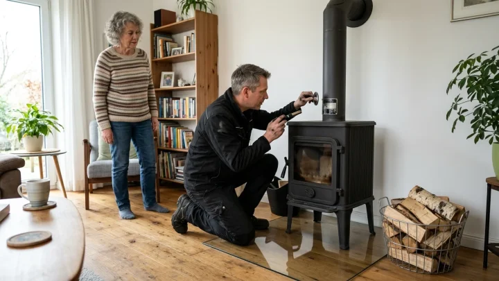 Moderner Kaminofen mit brennendem Holzfeuer im Wohnzimmer