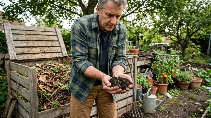 Aufgebauter Komposthaufen aus Holzlatten mit sichtbaren organischen Schichten im Garten