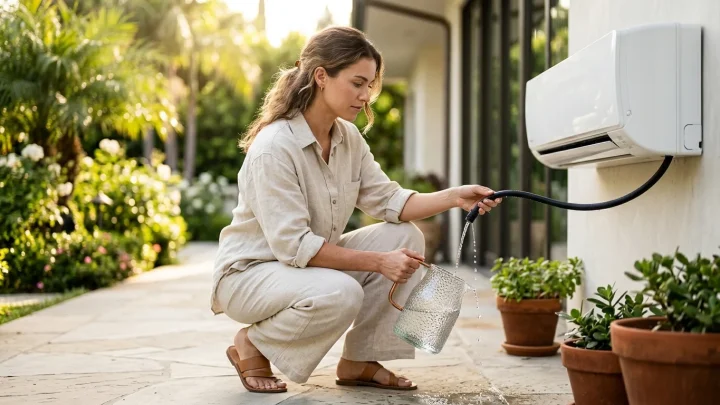 Nahaufnahme einer laufenden Klimaanlage, die Wasser produziert.