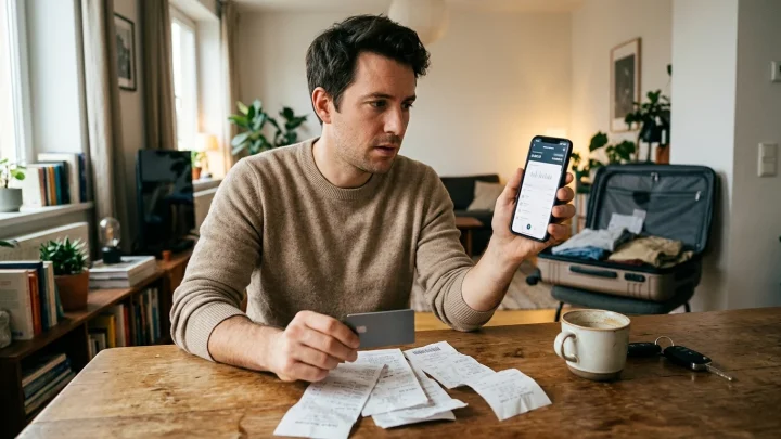 Smartphone mit digitaler Zahlungskarte neben Belegen und Kreditkartenabrechnung