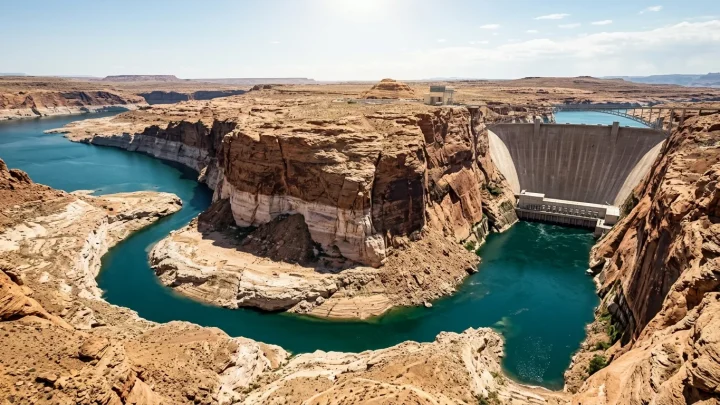Blick auf den Glen Canyon Staudamm und den Colorado River in Arizona.