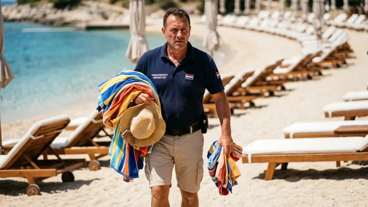 Eine leere Strandliege mit einem ausgebreiteten Handtuch an einem sonnigen Strand in Kroatien.