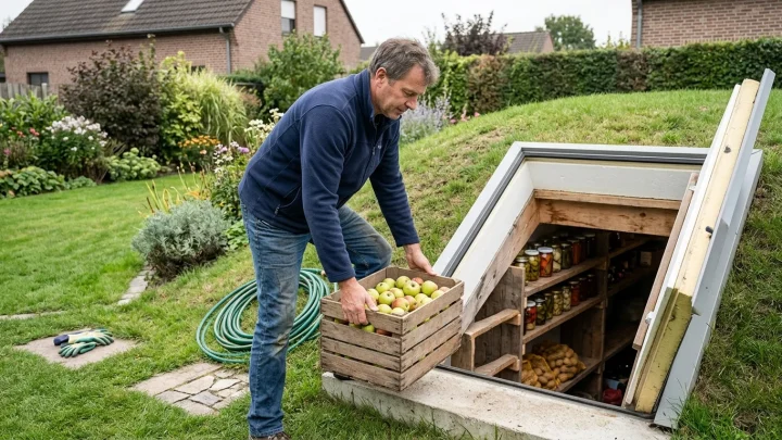 Eingang zu einem modernen Erdkeller unter einem begrünten Erdhügel im Garten