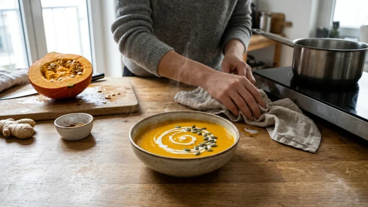 Cremige Kürbissuppe mit Kokosmilch in einer Schale garniert mit Kürbiskernen